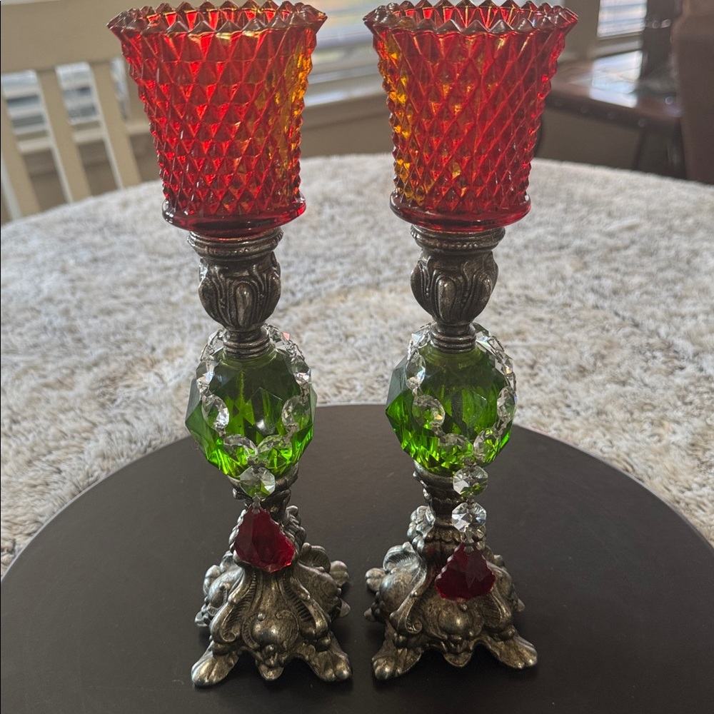 Hollywood‎ Regency Green Lucite 8" Candlestick Holders Candles Mid Century Pair - Picture 15 of 15